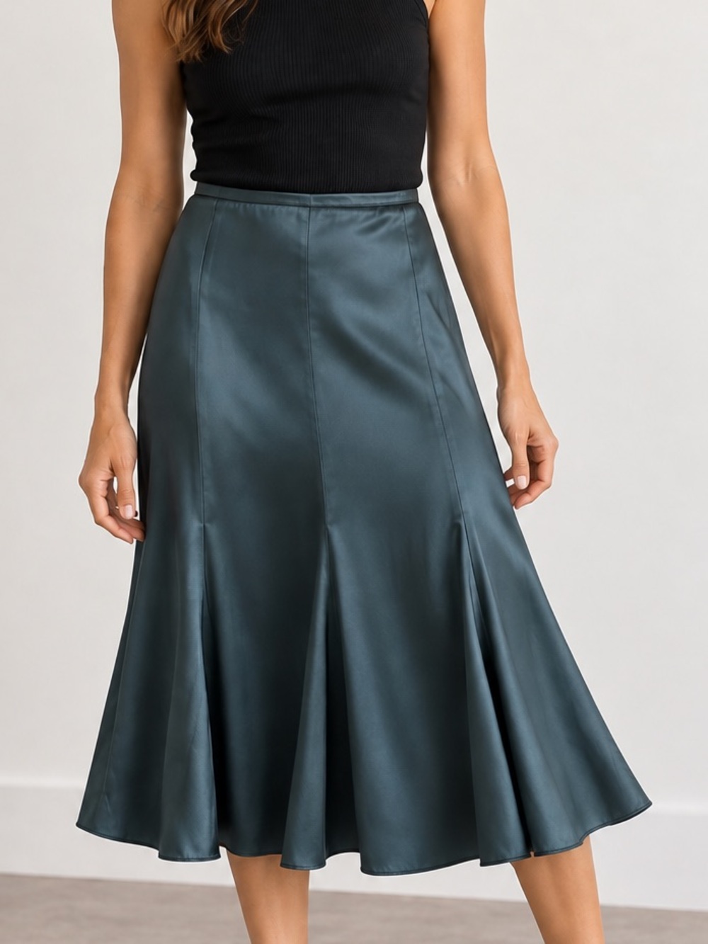 Eileen Fisher 100% Silk Muted Gunmetal Blue Godet Flare Midi Skirt Size M